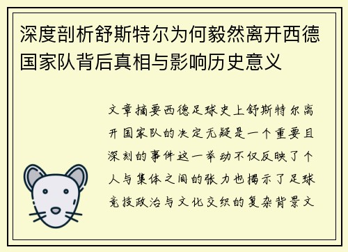 深度剖析舒斯特尔为何毅然离开西德国家队背后真相与影响历史意义 深度剖析舒斯特尔为何毅然离开西德国家队背后真相与影响历史意义